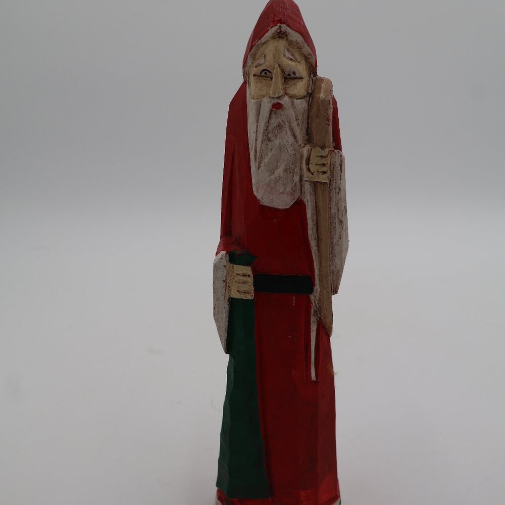 8" Primitive Folk art wood craved Santa with bag and tree